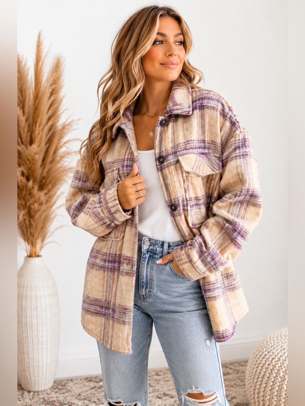 Pull&Bear Plaid Shacket Oversized Wool Blend Jacket Beige Purple Medium